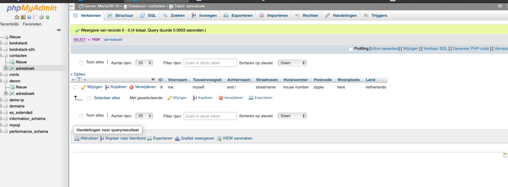 phpMyAdmin met het ingevoerde contact in de adresboek-tabel