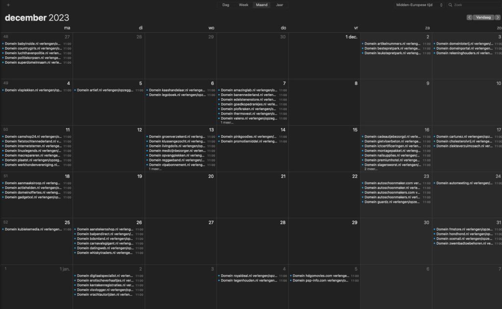 Apple Calendar december 2023 met TransIP domein-verlengherinneringen