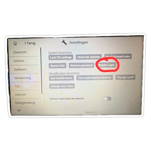 Toon TSC instellingenmenu