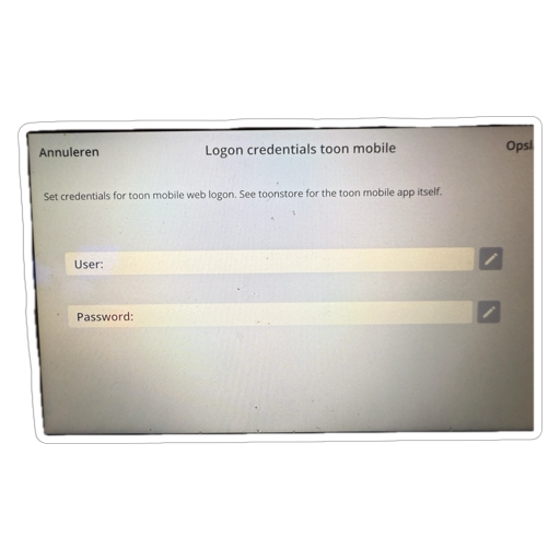 Toon Mobile Login credentials scherm met User en Password velden
